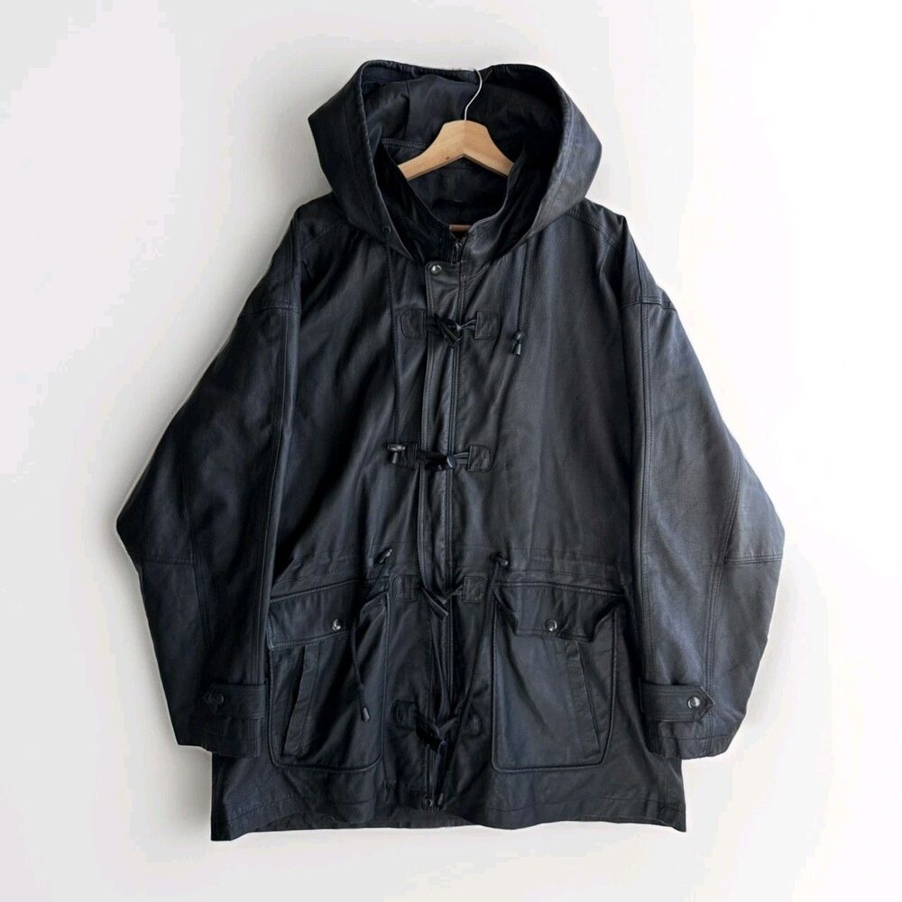 Wilsons The Leather Experts Men’s Size XL Black Hooded Leather Rain Coat Heavy